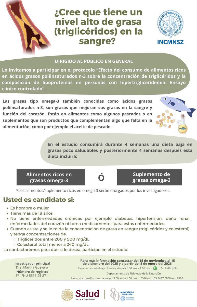 incmnszmx's tweet photo. Participa protocolo “Efecto del consumo de alimentos ricos en ácidos grasos poliinsaturados n-3 sobre la concentración de triglicéridos y la composición de lipoproteínas en personas con hipertrigliceridemia".
Protocolo y cartel aprobado por el Comité de Ética y de Investigación. https://t.co/AFyVn20TnU