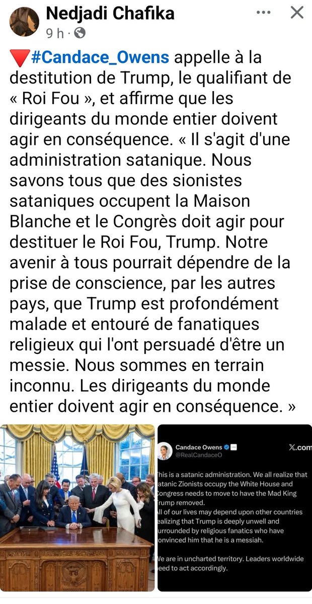 LLP_Le_Vrai's tweet image. @RealCandaceO appelle à la destitution de #Trump, le qualifiant de « Roi Fou », et affirme que les dirigeants du monde entier doivent agir en conséquence. « Il s'agit d'une administration #satanique. Nous savons tous que des #sionistes sataniques occupent la Maison Blanche et le