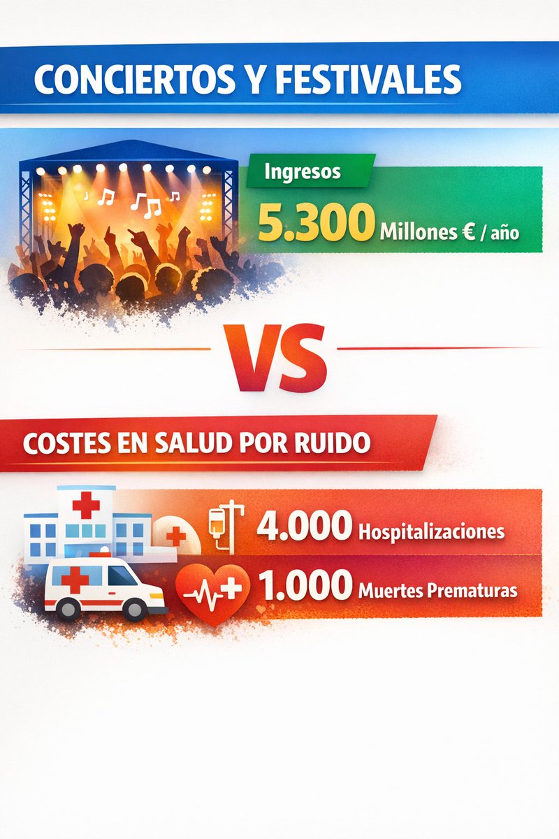 AvvcentroAlcala's tweet photo. La música en vivo genera en España
más de 5.300 millones € al año. �
infobae
Pero el ruido provoca
4.000 hospitalizaciones y 1.000 muertes prematuras. �
Telecinco
Negocio por un lado.
Coste sanitario por otro.
Y no los paga quien lo genera. https://t.co/EAciA9CbDu
