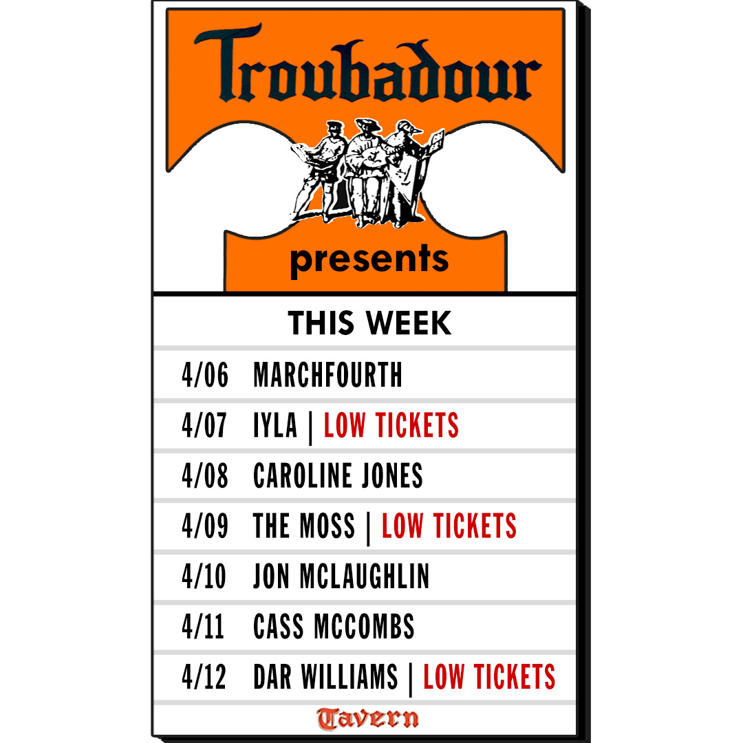 theTroubadour's tweet photo. WHAT’S HAPPENING THIS WEEK:

4/06: MarchFourth
4/07: @iylablue (LOW TIX)
4/08: @carolinejones 
4/09: The Moss (LOW TIX)
4/10: @JonMcLaughlin
4/11: @cassmccombs 
4/12: Dar Williams (LOW TIX)

TIX 🎟️: https://t.co/dLngwLlWrB https://t.co/0d4hsmBeVh