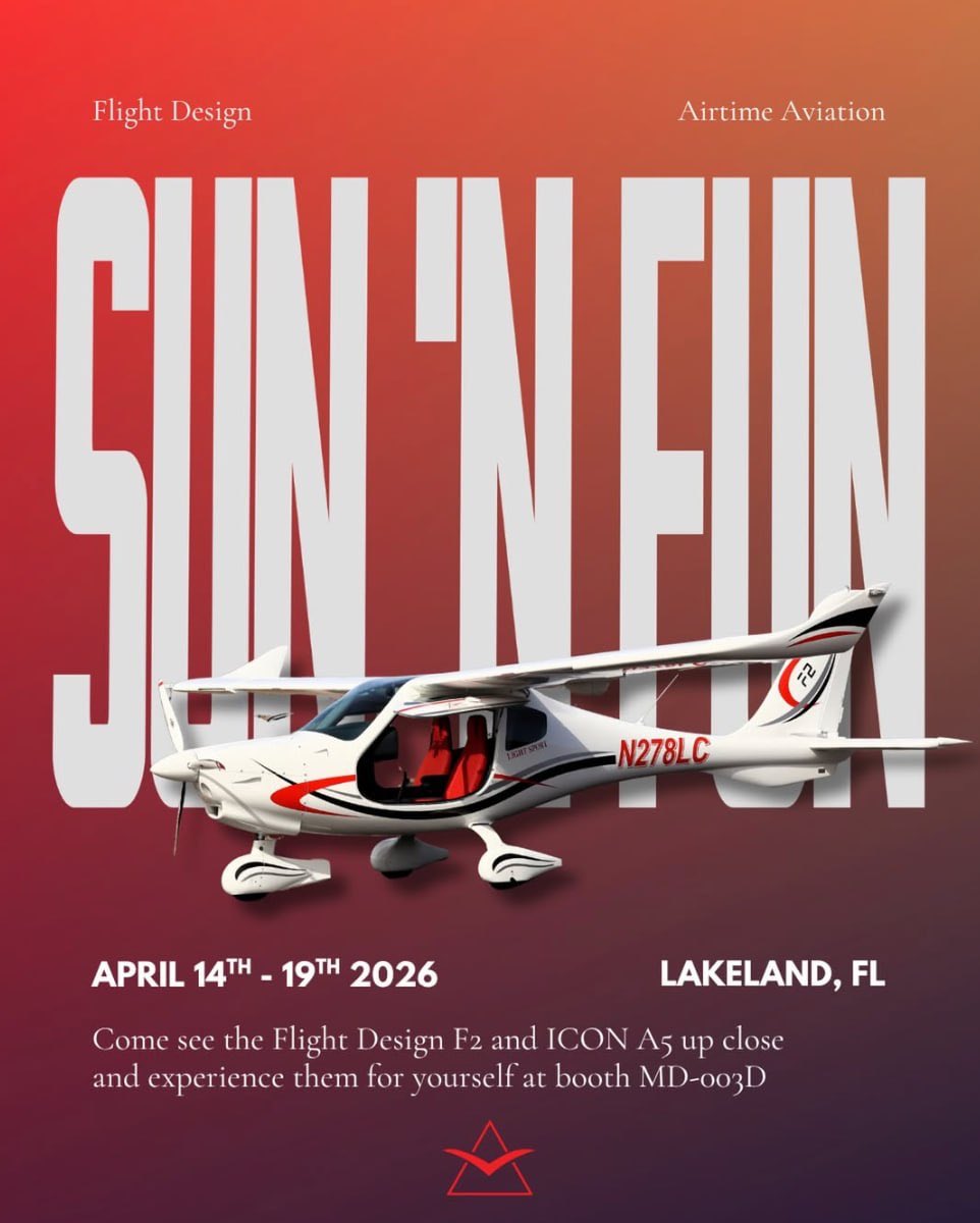 flightdesignct's tweet photo. Heading to Sun ’n Fun next week! ✈️☀️

Come check out the Flight Design F2 and ICON A5 at booth MD-003D. Stop by to say hi and see them up close!

📍 Lakeland, FL
🗓 April 14–19

See you there! 👋 #SnF26 #avgeek #flightdesign #ICONA5 https://t.co/8aylQs94ho