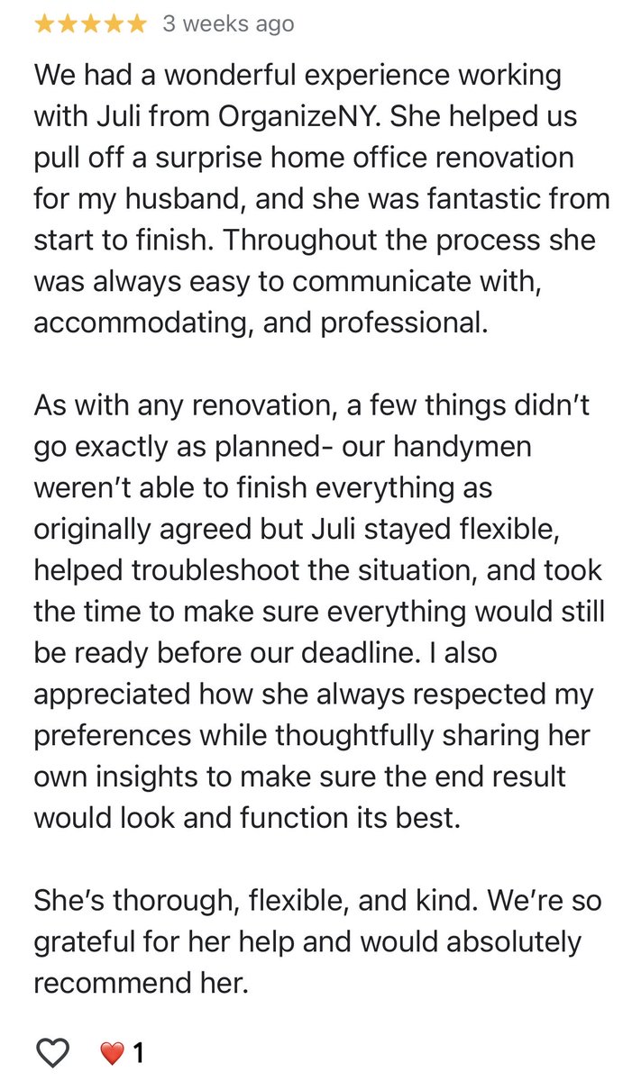 OrganizeNY's tweet photo. Recent Google review! 
5 Stars @google. Thank You ⭐️⭐️⭐️⭐️ ⭐️
Surprise! #Fantastic #Flexible #Kind #Accommodating #Thorough 
#Design #Decor #Organize 
Love my clients &amp; my job!
Words from clients. 🤩

#OrganizeNY 
#ProfessionalOrganizer 
#Organize 
#GetOrganized 
#OrganizedLife https://t.co/WUhYMxm4dT