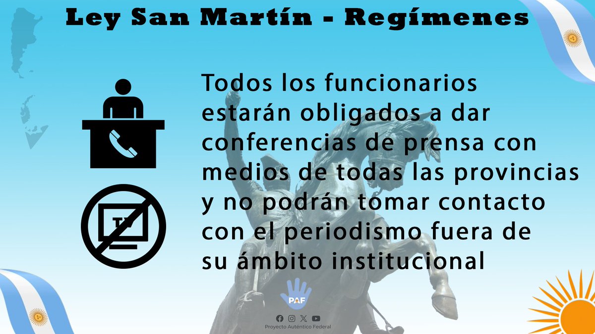 PAF_ok's tweet photo. La Ley San Martín de nuestro Proyecto impone a los funcionarios obligaciones sobre su contacto con la prensa.

El funcionario público no puede elegir a quien responder o no, responde al pueblo, y debe responder a todos los medios, en el ámbito institucional correspondiente. https://t.co/XPWQ1pwWs7