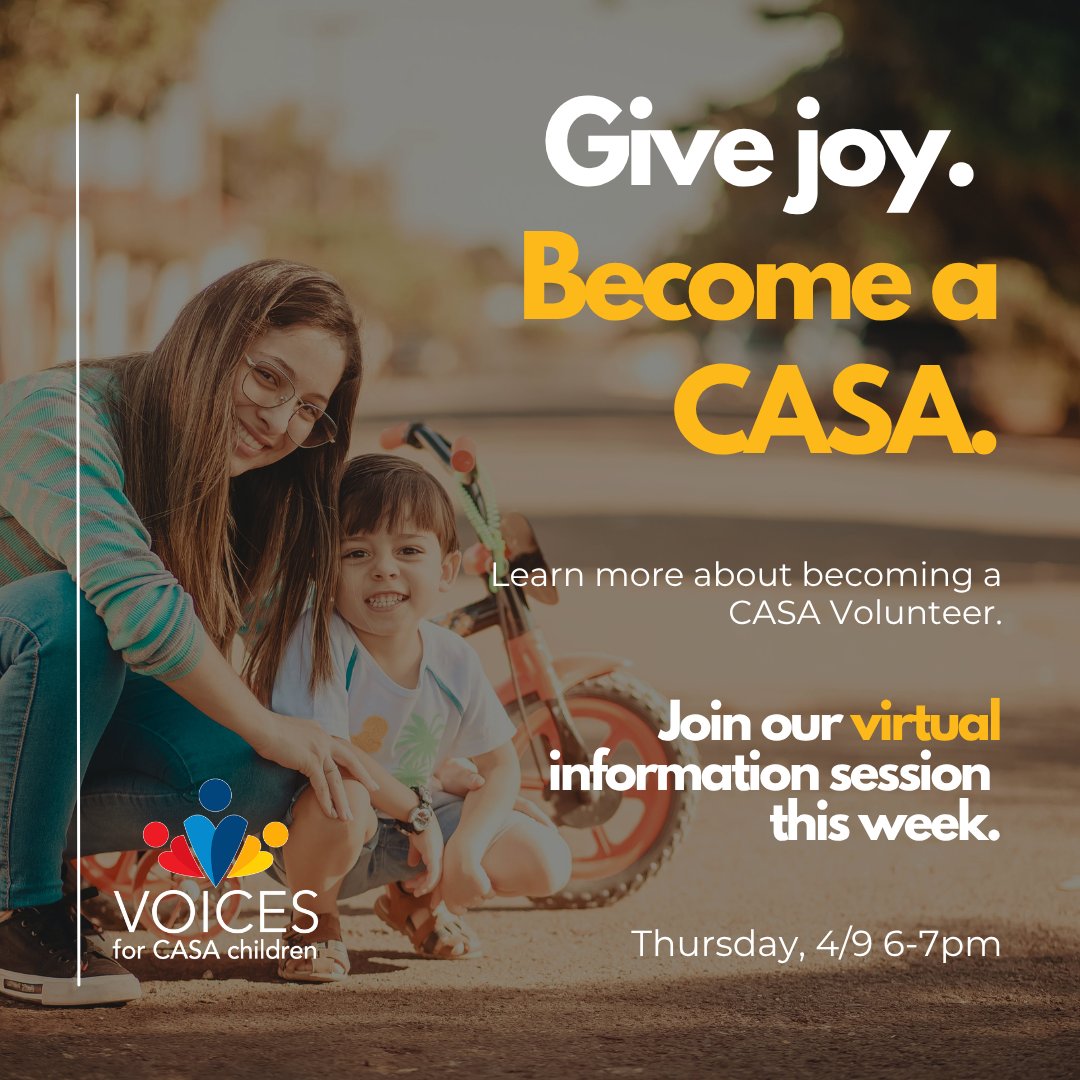 Voices4CASA's tweet photo. Join Voices for CASA Children for a live, virtual information session about becoming a Court Appointed Special Advocate (CASA) volunteer in Maricopa County this Thursday, April 9th at 6pm.

A CASA volunteer is a trained community member appointed to advocate on behalf of the best interest of a child living in foster care.

This is a perfect opportunity to learn exactly what it takes to become a CASA and to ask questions.

To register, please visit: https://t.co/dhuVAlG6eJ

#FosterCare #Volunteer #Virtual #MakeADifference #BeTheChange #CommunityChampions #BeTheirVoice