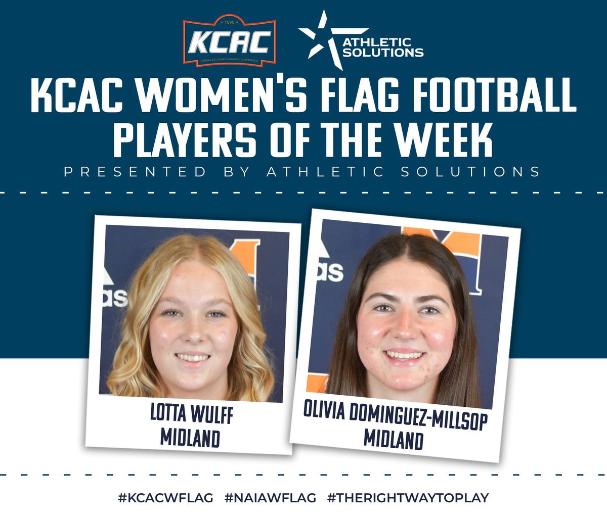 kcacsports's tweet photo. Lotta Wulff and Olivia Dominguez-Millsop, both of @Midland_Sports, Earn KCAC Women's Flag Football Weekly Honors, presented by @ath_solutions! #KCACwflag #NAIAWFlag #TheRightWayToPlay

https://t.co/4LscH05vMc

@NAIA @NAIAFBALL https://t.co/4cf469T0Uo