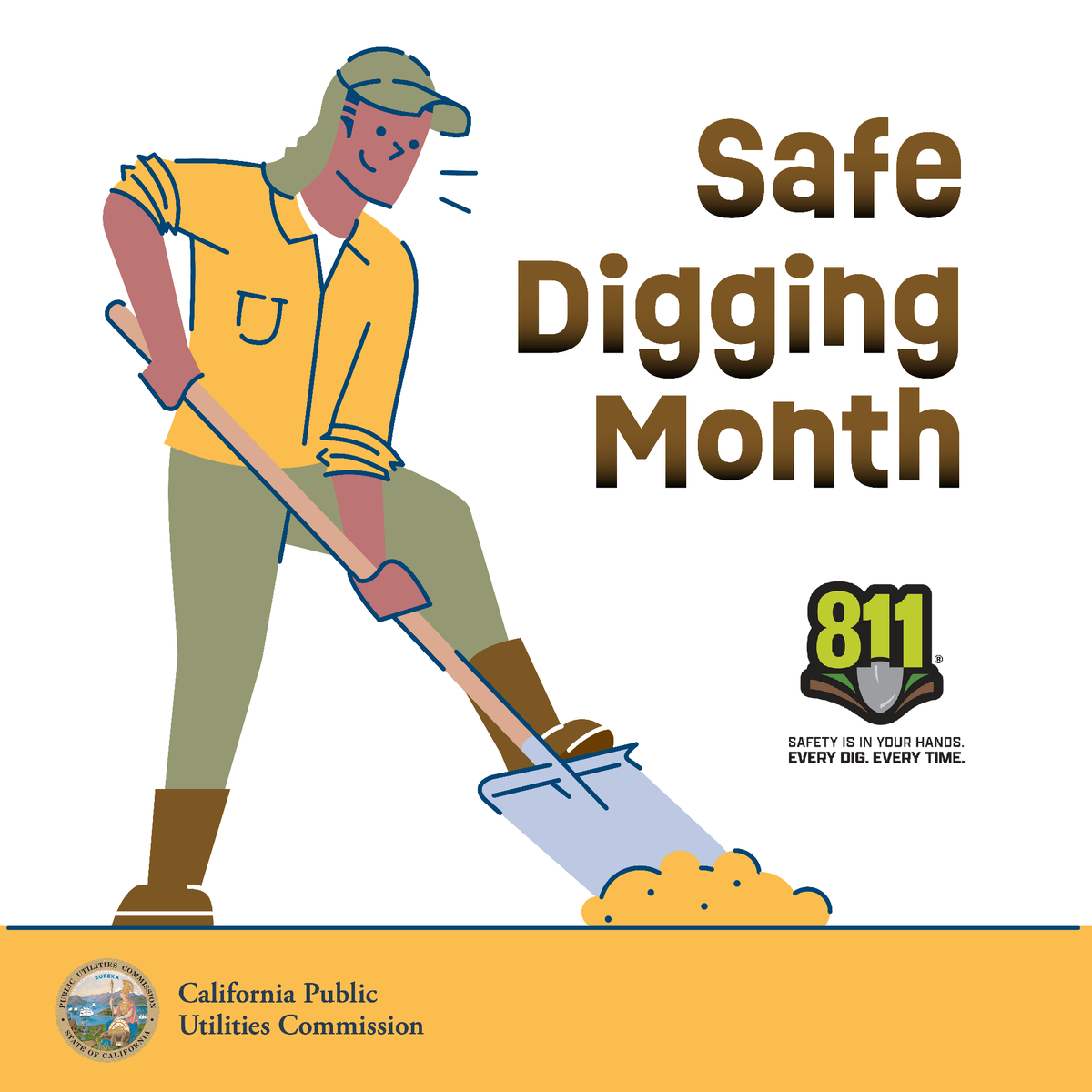 californiapuc's tweet image. April is Safe Digging Month! 🚧
The CPUC reminds you to call 811 before starting any digging project, big or small.
It’s free, it’s easy, and it helps protect you and your community.
#SafeDiggingMonth #Call811 #CPUC #DigSafe