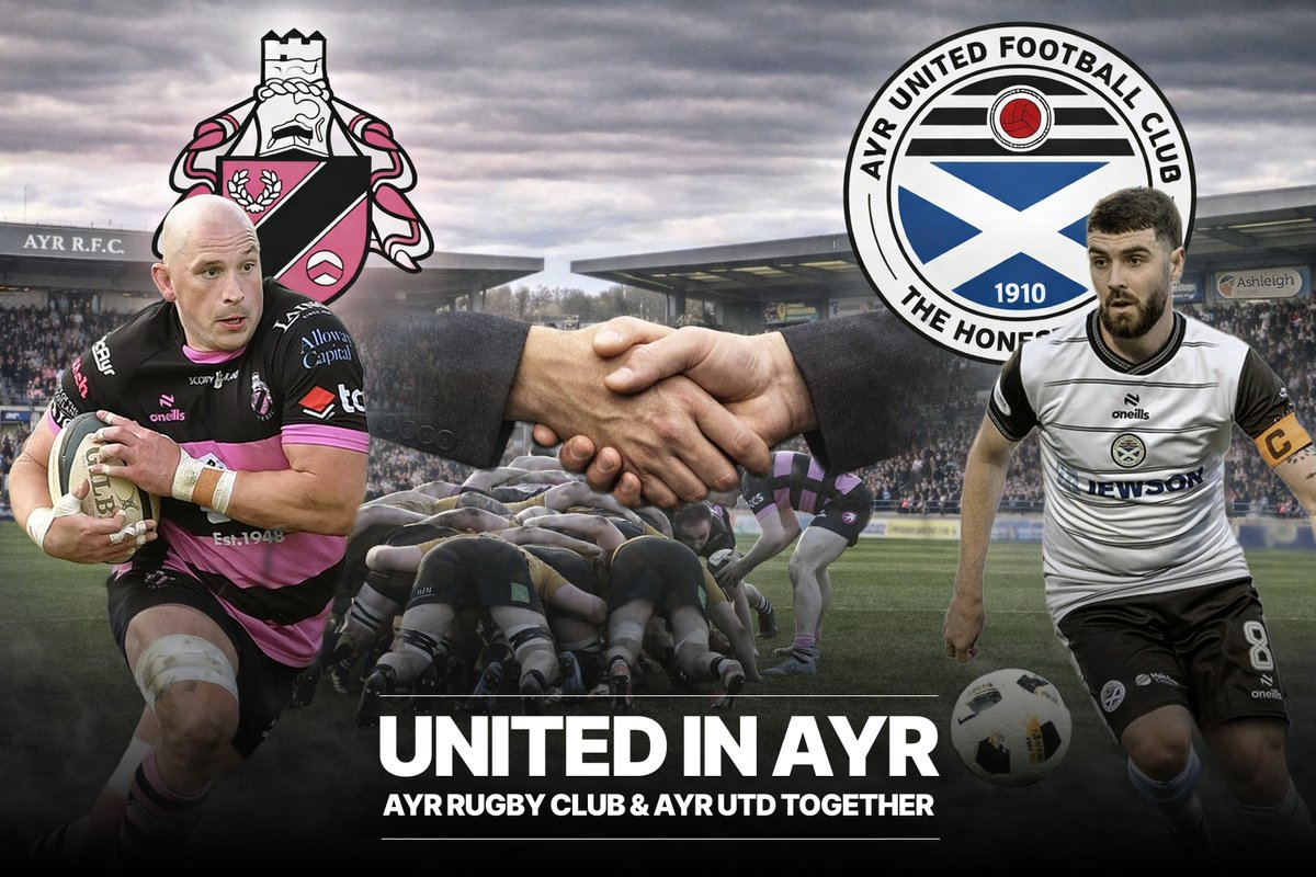 OfficialAyrRFC's tweet photo. Great to see the connection between @OfficialAyrRFC  &amp; @AyrUnitedFC grow. On Saturday, our Chairman Brian, was delighted to be a guest of Lockharts Law, a fantastic game of football at Somerset Park.

Two clubs. One town. Stronger together 
#UnitedInAyr #pinkandblack #honestmen https://t.co/0Ebef2LFKW