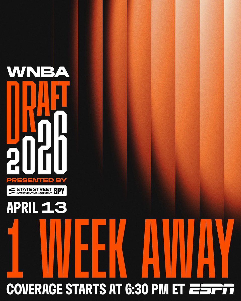 One Week Away‼️

The 2026 WNBA Draft presented by State Street Investment Management SPY will take place in 7 days. 

Tune in at 6:30/ET on ESPN to see who will hear their name called on draft night  👀