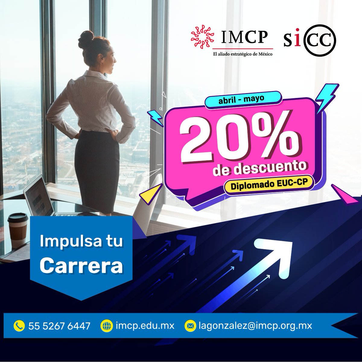 IMCP's tweet image. Llegó el momento de Impulsar tu #Carrera. Durante abril y mayo aprovecha el 20% de #descuento en el #Diplomado #EUC - CP.

Inscríbete ahora: ow.ly/1A6g50YEACZ