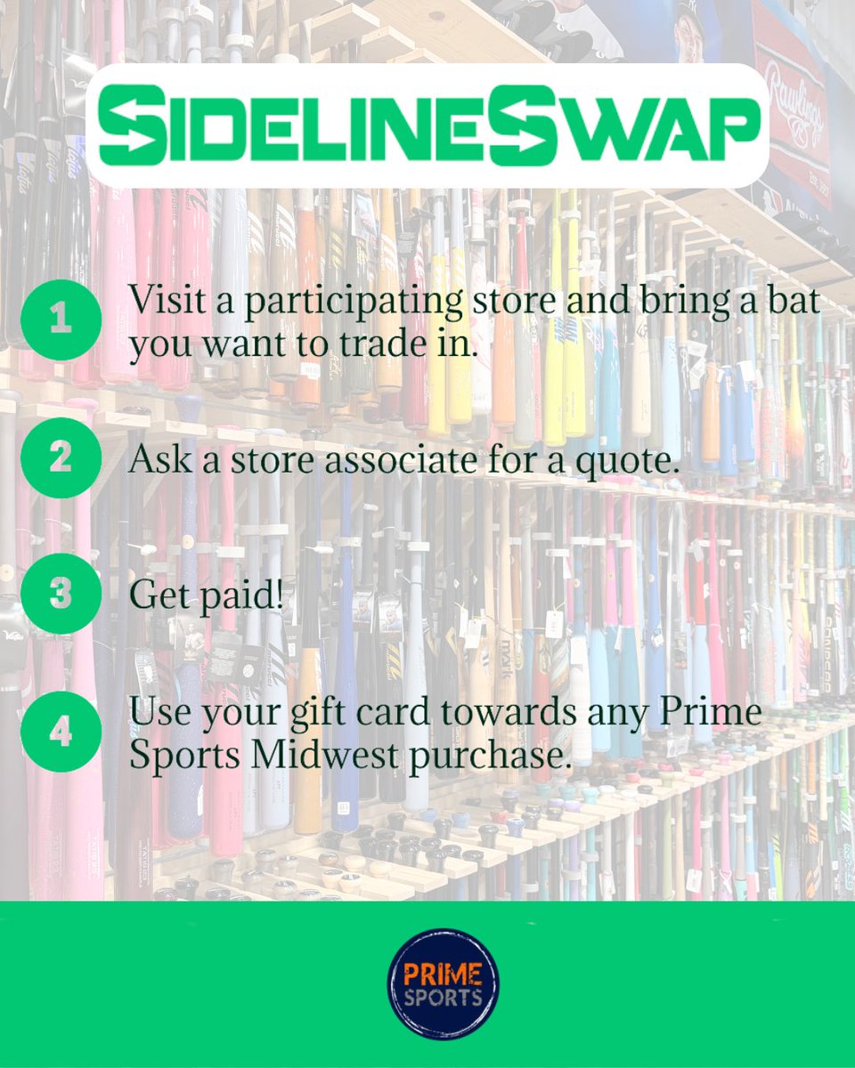 prime_mw's tweet image. Already thinking about a different bat?
It happens fast.

Bring your current bat into our Fenton location and we’ll evaluate it through our SidelineSwap trade-in program.
Turn what you’re not using into store credit toward something new.

#PrimeSports #BatTradeIn #SidelineSwap