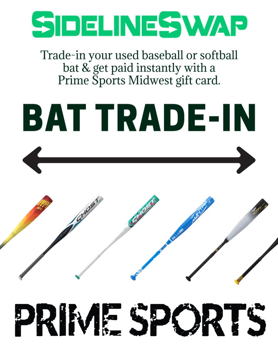 prime_mw's tweet image. Already thinking about a different bat?
It happens fast.

Bring your current bat into our Fenton location and we’ll evaluate it through our SidelineSwap trade-in program.
Turn what you’re not using into store credit toward something new.

#PrimeSports #BatTradeIn #SidelineSwap
