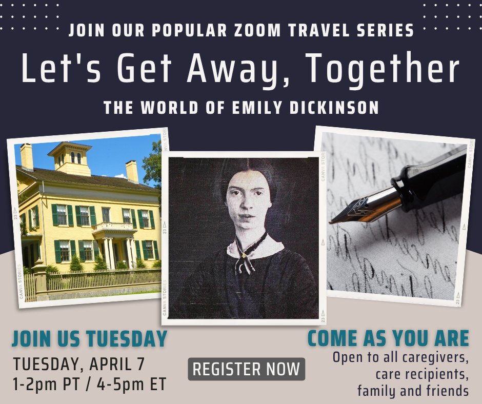 CaregiverAlly's tweet photo. "Let's Get Away Together" from FCA and The Hummingbird Project invites to step out of your responsibilities for one hour to enjoy time with people who understand you. join caregivers as we immerse ourselves in the Poetry of Emily Dickinson.

Register here: https://t.co/XxcjP1DD6l https://t.co/pOdLXi2MRi