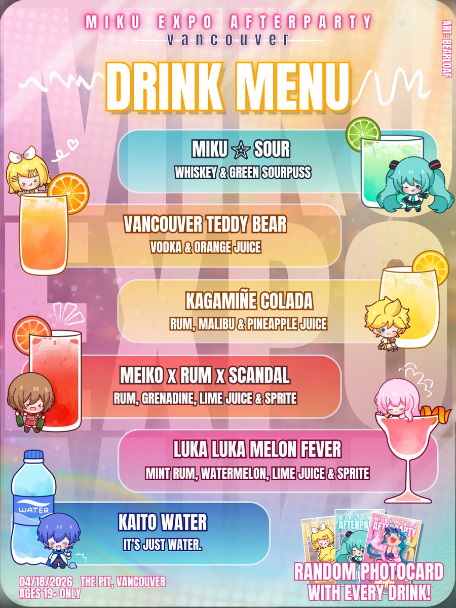 we’re bringing back KAITO water!! 
and maybe a few other drinks.. 

Cheers39 X Tokyo Tonight: Miku Expo 2026 - Vancouver Afterparty💫 

🗓️  04/18/2026
🕗  22:00 - 02:00
📍 <a href="/Pit_UBC/">The Pit</a> | Vancouver 
🎫 General $25 | Doors $30  
➡️ eventcreate.com/e/c39vancouver