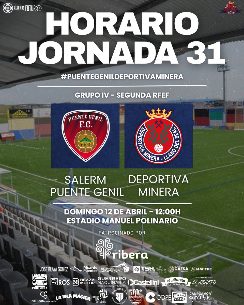 🔥𝐓𝐨𝐝𝐨 por decidir y ahora vamos a por este 𝒑𝒂𝒓𝒕𝒊𝒅𝒂𝒛𝒐

👉🏻Jornada 3️⃣1️⃣
🆚<a href="/SalermPG/">Salerm Puente Genil F.C.</a> 
🗓️Domingo 12 de abril 
🕛12:00h
🏟️Estadio Manuel Polinario

⭐Grupo Sanitario Ribera 

#PuenteGenilDeportivaMinera