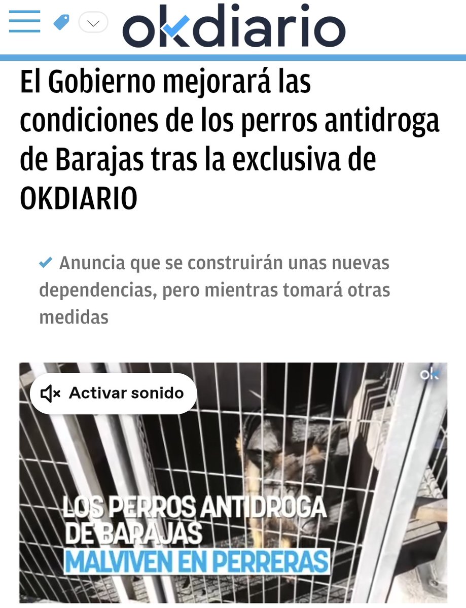 El gobierno mejorará las condiciones de los perros antidroga de la Guardia Civil tras la exclusiva de <a href="/rosalina_mb/">Rosalina Moreno</a> en <a href="/okdiario/">okdiario.com</a>

Guarda este tweet para dentro de un año cuando las condiciones de esos perros sigan igual.

(Tweet que deseo alguien rescate diciendo que me equivoqué)