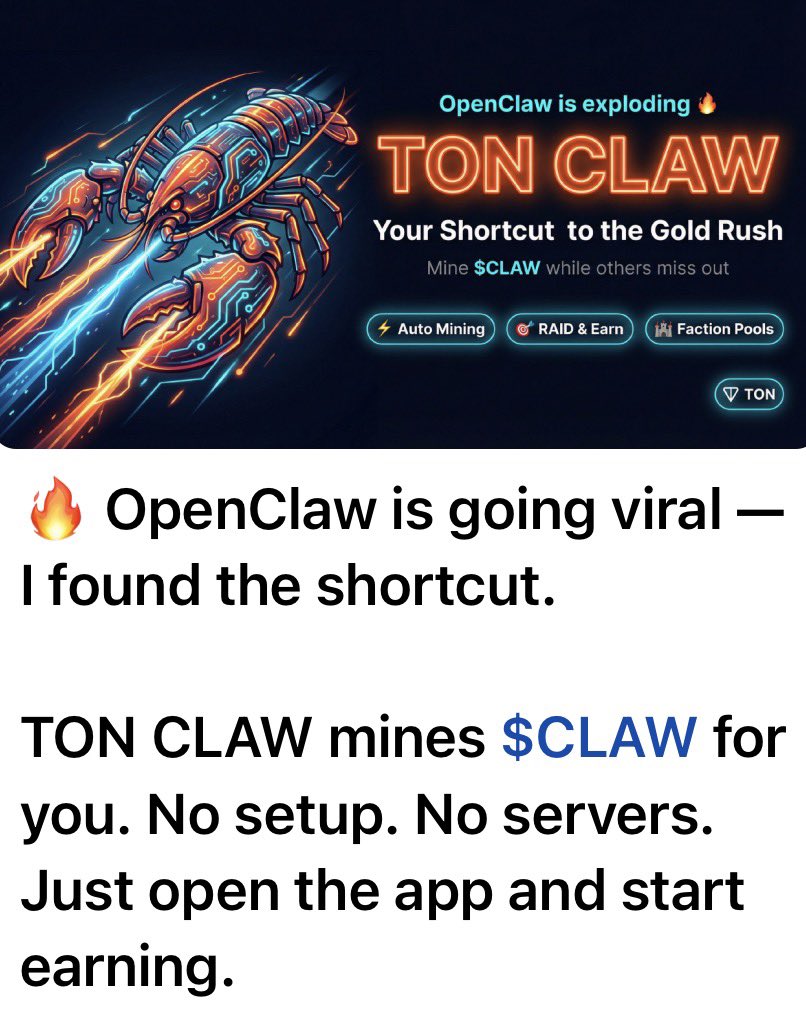 MARIUS_5000's tweet image. Interesting project and as always proceed with caution, this is not GoMining but has potential!
#GoMining 

t.me/Openclaw_tonbo…