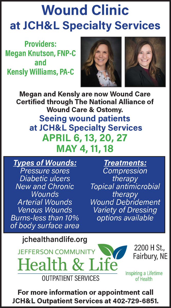 We’re excited to offer Wound Care services at JCH&amp;L!
📷Get expert wound care from our certified providers, Megan Knutson, FNP-C and Kensly Williams, PA-C.  Schedule your appointment for April or May by calling 402-729-6851.
#RuralHealth