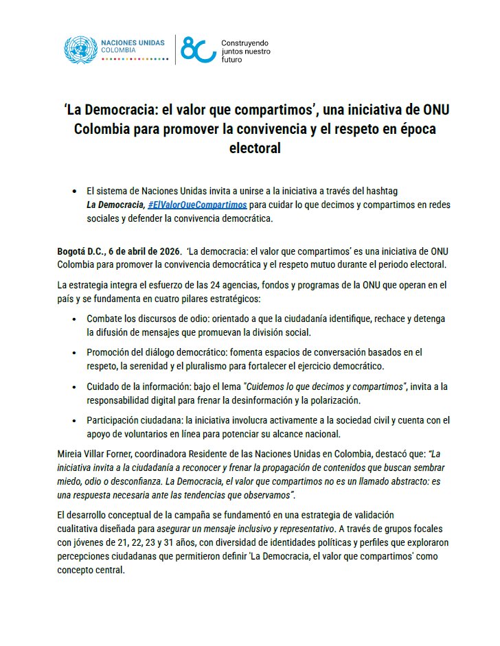 onucolombia's tweet image. ‘La Democracia: #ElValorQueCompartimos’, una iniciativa del Sistema de Naciones Unidas en Colombia para promover la convivencia y el respeto en época electoral.

📰 bit.ly/4vkmMpo