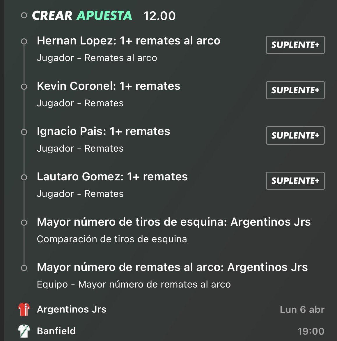 Combinada de remates 🎯

Argentinos - Banfield

Cuota 12

Dificultad : Media/Alta 🟠

En un partido que seguramente el bicho tenga la posesión y el dominio, apostamos a que País y Gómez tengan algún remate (ambos vienen con buen promedio )

Voy con poco 🍀
