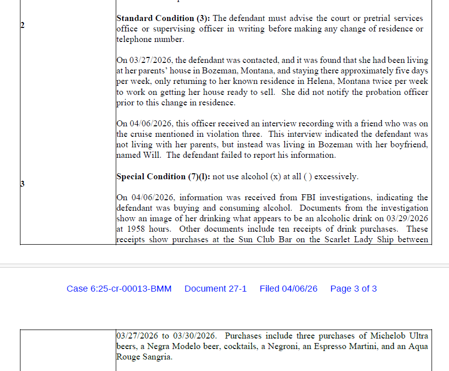 SeabornLarson's tweet image. New fed court records: Revocation proceedings for campaign consultant Abbey Cook began with a bad check allegedly written in Gallatin Co last year.
But the alleged cruise ship trip that's been going around appears to have reached federal probation officers today #mtnews #mtpol