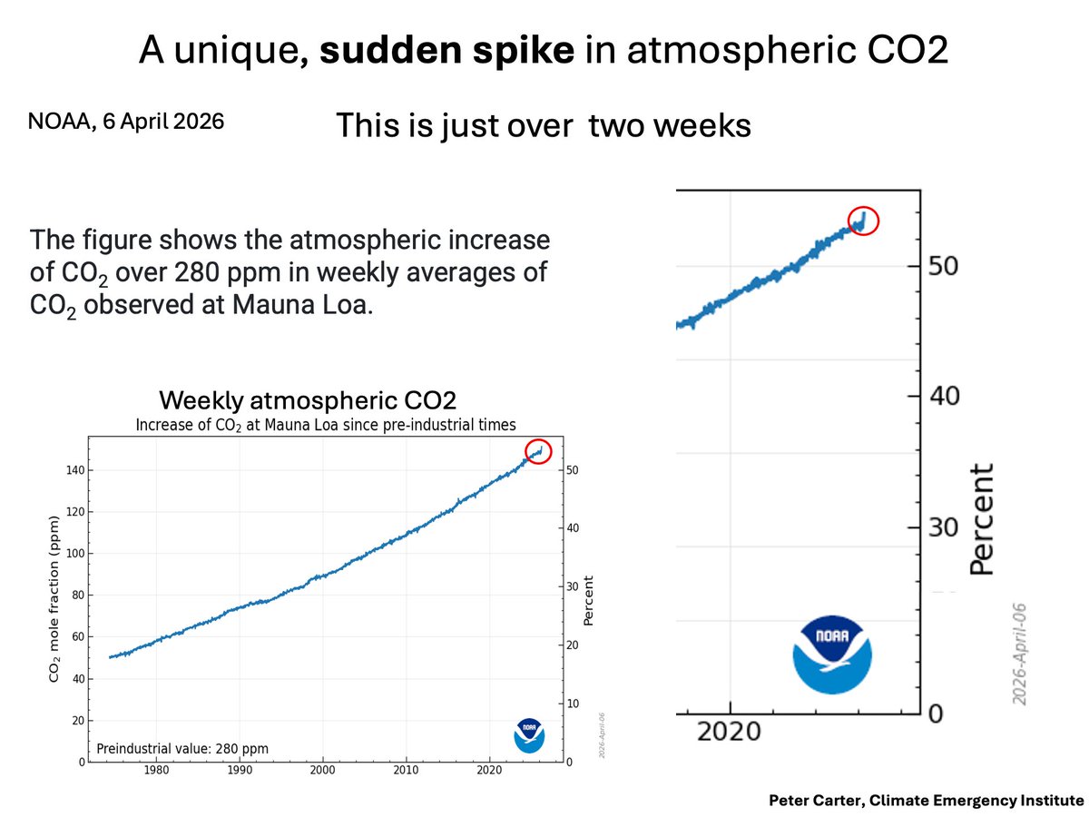 PCarterClimate's tweet image. Unique sudden atmospheric CO2 spike over 2 weeks.
This is a confirmed (NOAA) atmospheric CO2 measurement, which is not supposed to happen.
gml.noaa.gov/ccgg/trends/we…
#CO2 #climatechange #globalwarming