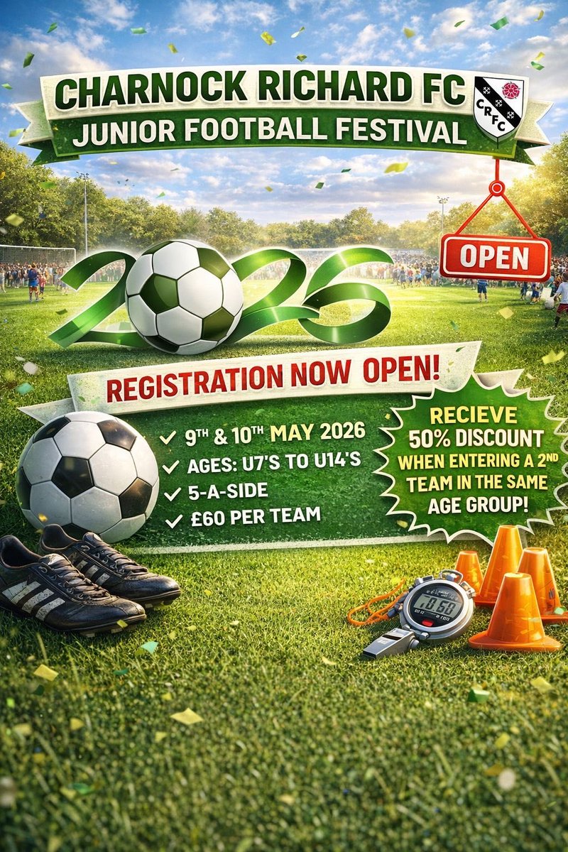 CharnockJFC's tweet photo. Less than 5 weeks to go ahead of the 3rd Annual CRFC football festival. Secure your place through the following link: https://t.co/g2aQBxRdCf

50% discount when entering a 2nd in the same age group! https://t.co/D2jyuSVw8C