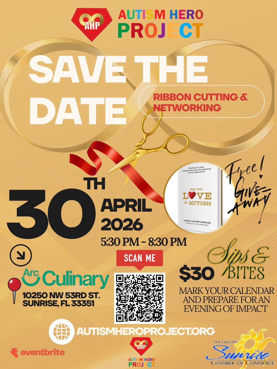 jessyljo's tweet photo. Join us 4/30 at the Ribbon Cutting &amp; Networking Event for the Autism Hero Project.
📍 Arc Culinary – Sunrise, Florida
⏰ 5:30–8:30 PM
💲 $30 (Sips &amp; Bites Included)
Connect with community leaders while supporting an incredible cause.
🎟️ Grab your ticket &amp; be part of the impact. https://t.co/fWG9V8AMiZ
