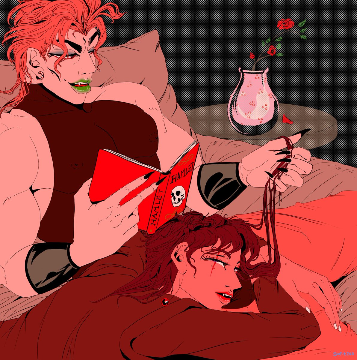 sof_t2611's tweet photo. redraw of an older vampire kakyoin and dio piece. .
i hadn't come up with their white hair design at the time .
he reads to them all about death . https://t.co/NUB361YAkD