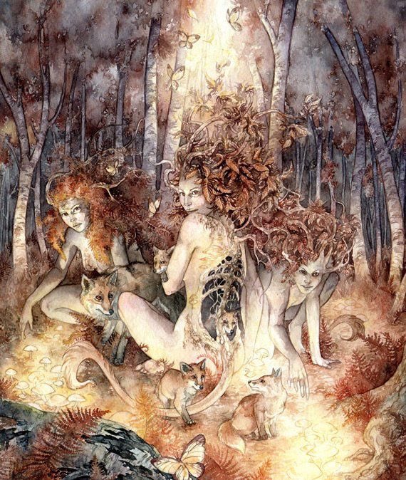 In Scandinavian folklore, the Huldra is a seductive forest creature. Huldra derives from the Norwegian language, meaning 'covered' or 'secret'.
Seen from the front she is a stunningly beautiful, naked female being with long hair; from behind she is hollow like an old tree trunk.