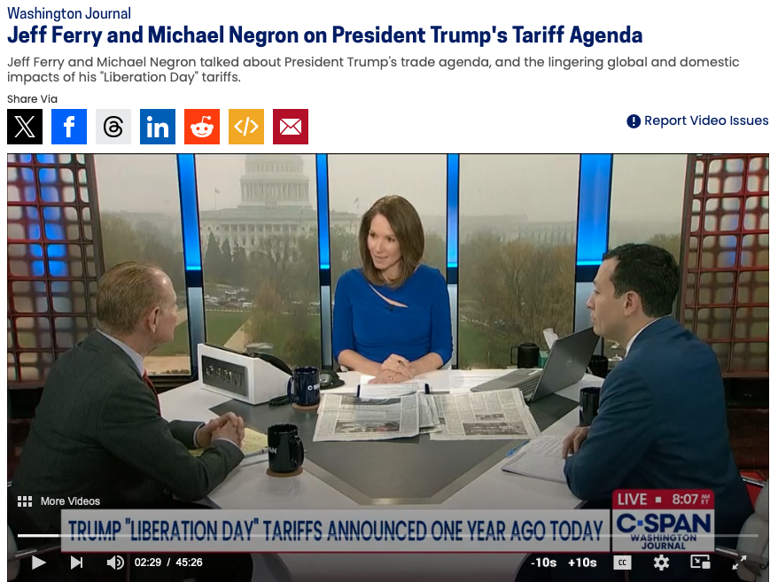 Menloferry's tweet photo. Watch my comments here on Trump's tariffs in Washington Journal with C-Span's Greta Brawner and Mike Negron of the Center for American Progress.
https://t.co/PGU9hVoSij https://t.co/UMmpN3VbSc
