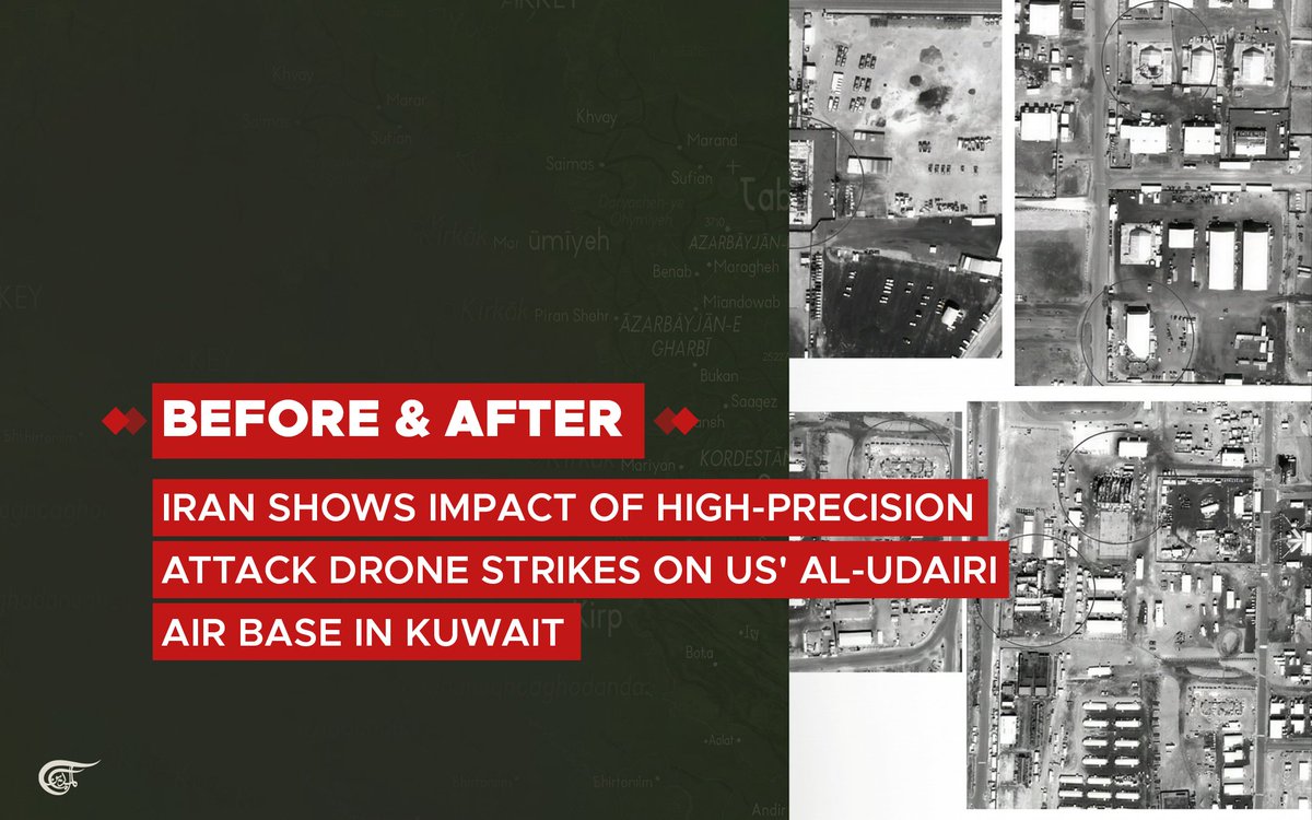 MayadeenEnglish's tweet image. The Iranian Army has released satellite images showcasing the aftermath of its high-precision attack drones on the American Al-Udairi Air Base in #Kuwait.

According to the Army’s Public Relations, the attack targeted eight key locations, including personnel living quarters,
