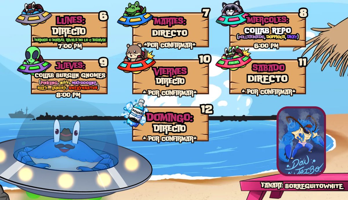 ElDonJaibo's tweet photo. NO WAY: HICE CALENDARIO 📅🦀
Esta semanita hay dos collabsitas MUY interesantes…
¿habrá caos?
Hashtags
General #DonJaibo 🤠
FanArts #JaiboArt 🎨
+18 #CaldoDeDonJaibo 🔞
Memes #JaiboMomos 😂
Clips #JaiboClips 📹 https://t.co/c2py3hiX00