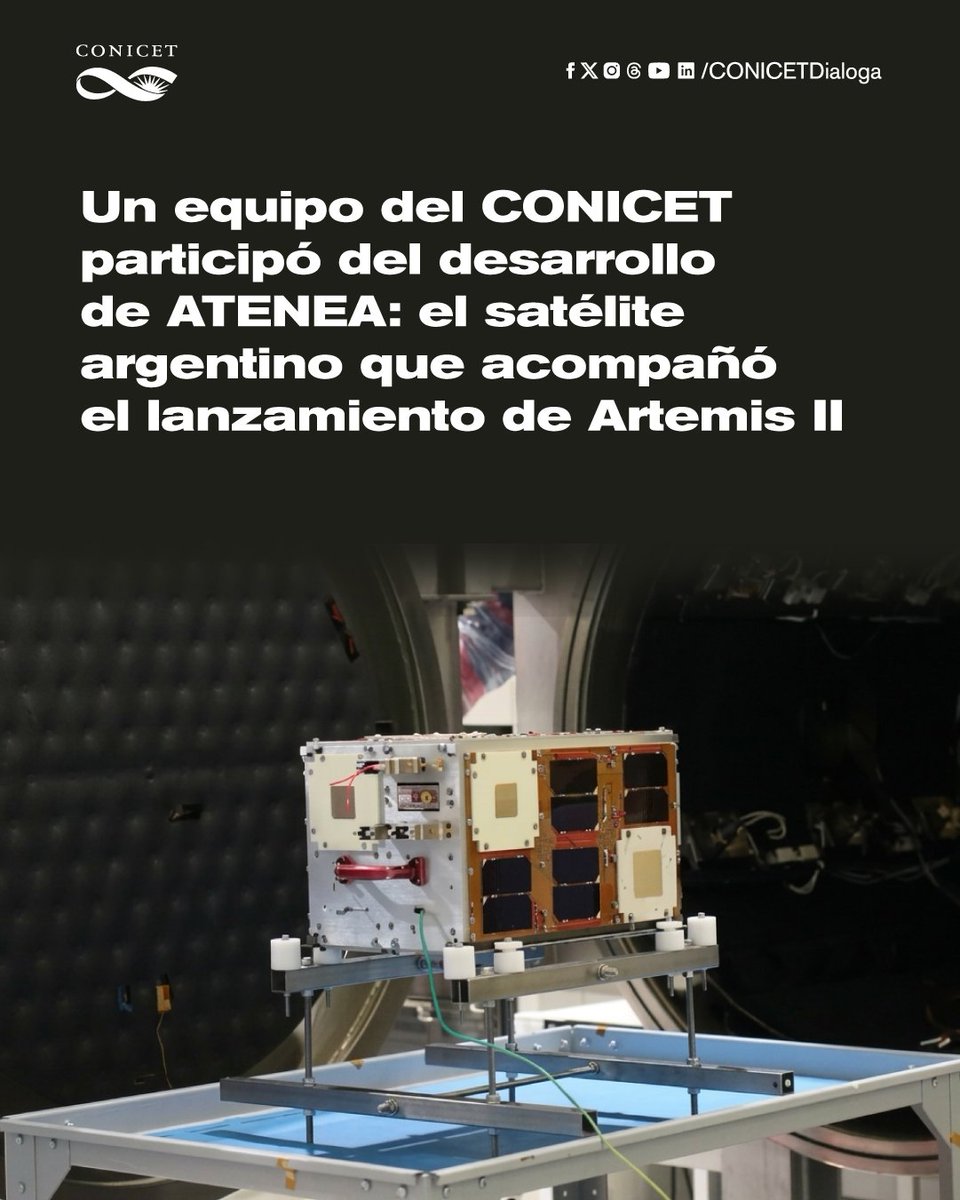 CONICETDialoga's tweet photo. 🔶ATENEA: el satélite argentino que acompañó el lanzamiento de Artemis II, la primera misión espacial tripulada alrededor de la Luna desde 1972.

➡️Un equipo de científicos del CONICET del Instituto Argentino de Radioastronomía realizó la validación electromagnética de su sistema de antenas. Además, desarrollaron una estación terrena propia para poder seguirlo y detectarlo en su viaje.

🛰️Cuatro satélites desarrollados en otros países acompañaron la partida de la nave principal, con el propósito de cumplir objetivos complementarios. Entre ellos se encuentra ATENEA, diseñado y construido íntegramente en Argentina por la Comisión Nacional de Actividades Espaciales (CONAE) y diferentes instituciones del sistema de ciencia y técnica argentino.

📌Nota completa https://t.co/XntKU9Siwd