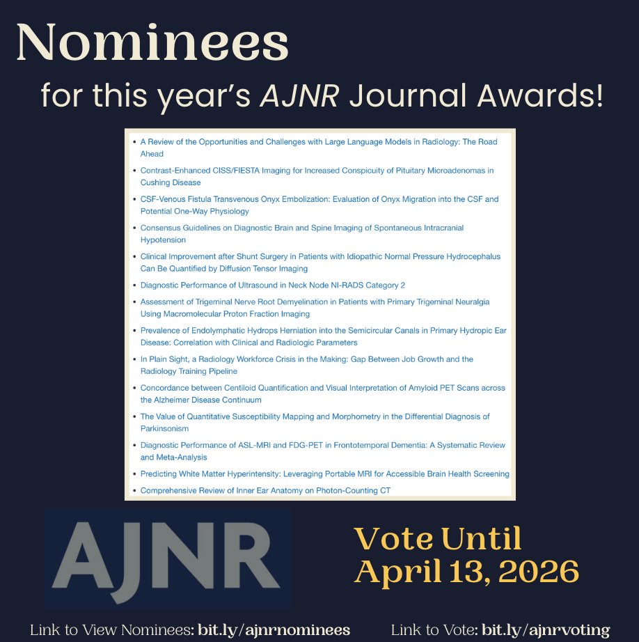 TheAJNR's tweet image. The time has come to vote for your favorite AJNR publications of the year!

View the nominees here: bit.ly/ajnrnominees

Vote here: bit.ly/ajnrvoting

Votes will be accepted until April 13th, 2026.