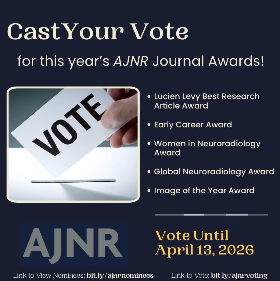 TheAJNR's tweet image. The time has come to vote for your favorite AJNR publications of the year!

View the nominees here: bit.ly/ajnrnominees

Vote here: bit.ly/ajnrvoting

Votes will be accepted until April 13th, 2026.