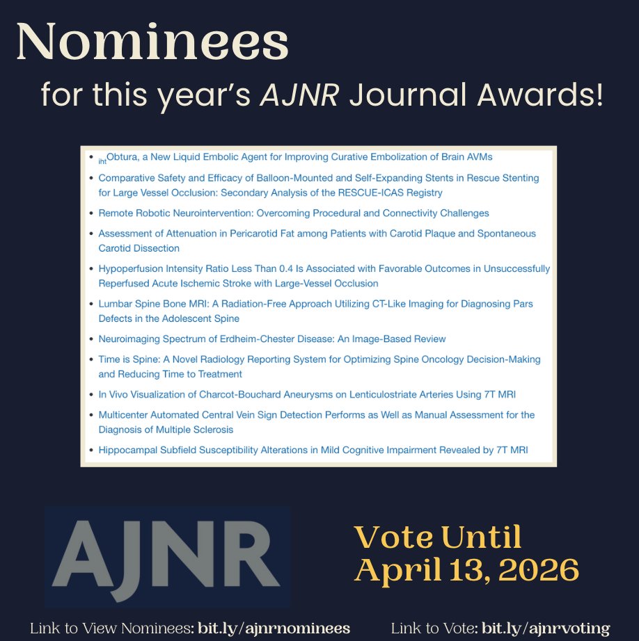TheAJNR's tweet image. The time has come to vote for your favorite AJNR publications of the year!

View the nominees here: bit.ly/ajnrnominees

Vote here: bit.ly/ajnrvoting

Votes will be accepted until April 13th, 2026.