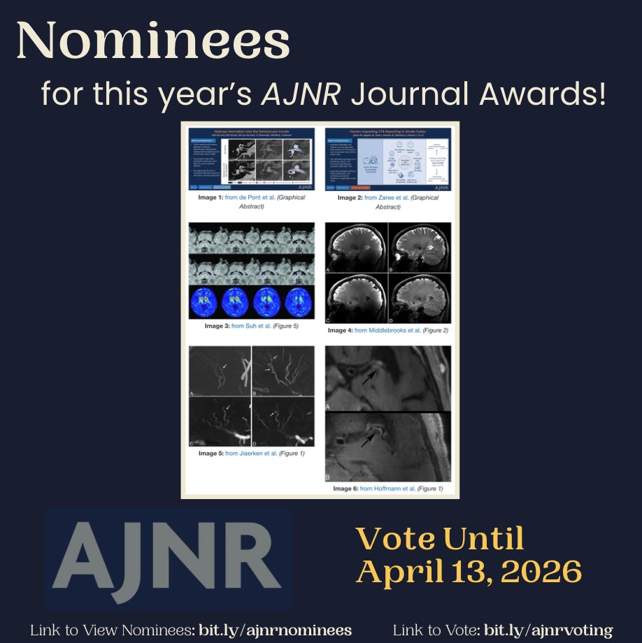 TheAJNR's tweet image. The time has come to vote for your favorite AJNR publications of the year!

View the nominees here: bit.ly/ajnrnominees

Vote here: bit.ly/ajnrvoting

Votes will be accepted until April 13th, 2026.