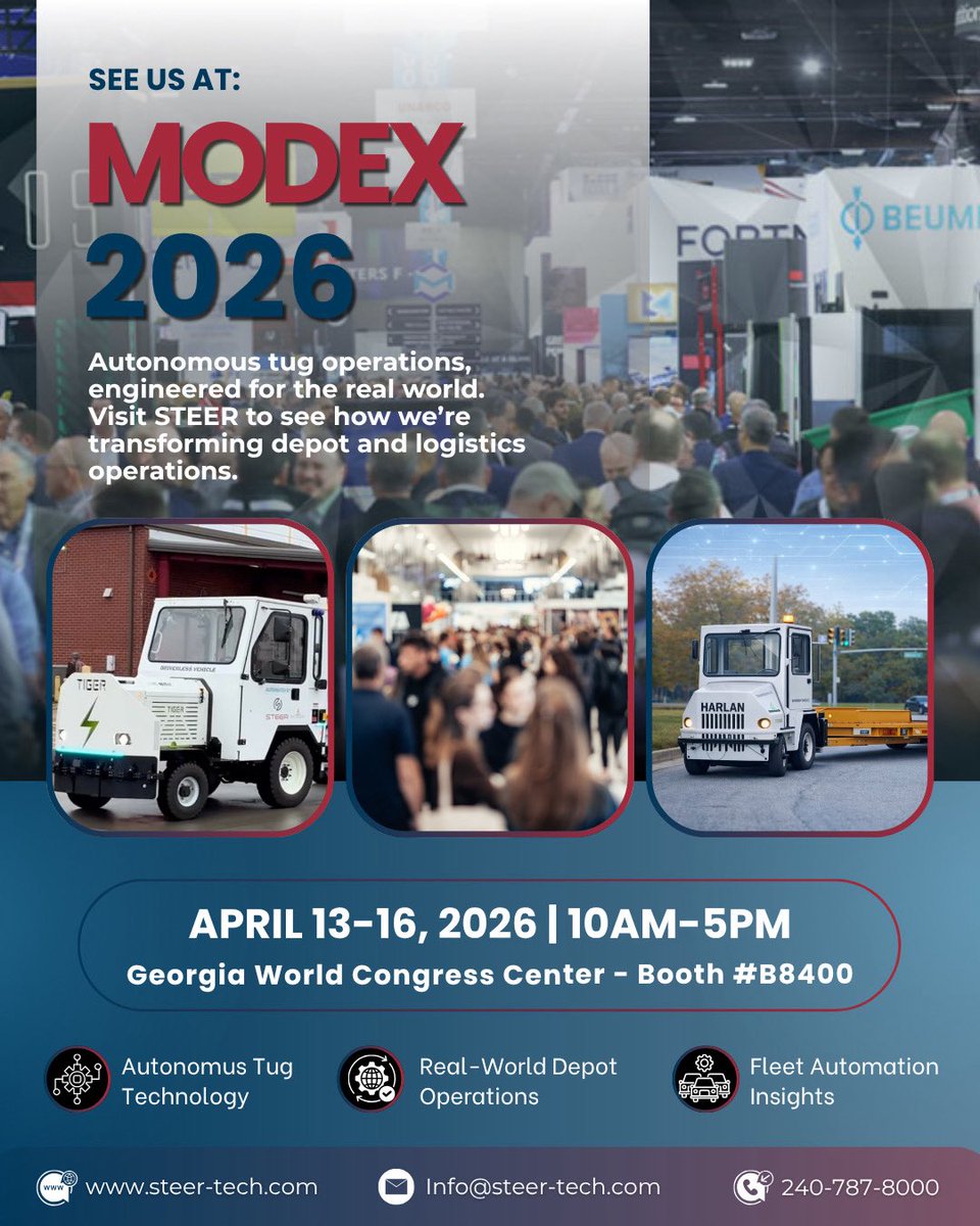 STEERTechLLC's tweet photo. MODEX is one week away, and the future of depot operations is closer than you think. ⚙️ 

📍Find us at Booth #B8400
📅 April 13–16 | Georgia World Congress Center

Let’s talk about what autonomy can actually do for your operation. https://t.co/biqj2WRhHF