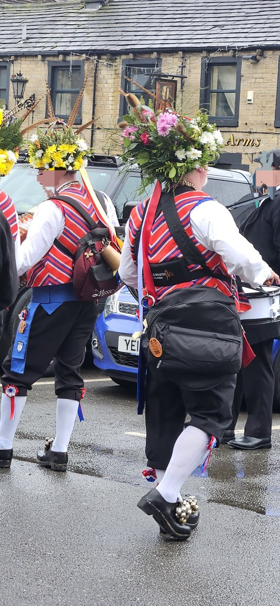 barbmilne's tweet image. #GardensHour @GardensHour Saddleworth Morris Men, Uppermill, Oldham, with their flowery hats #GoodFriday