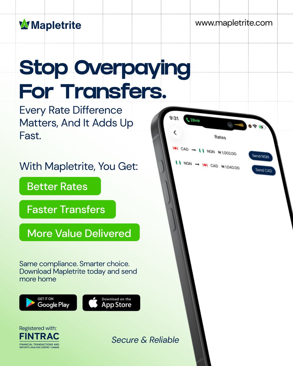 Ifeanyiae's tweet image. Stop letting bad rates eat into your money.

With Mapletrite, every transfer works harder for you — better rates, faster delivery, and more value where it matters most.

Send smarter. Send more home. ❤️

#BetterRates #SmartTransfers #SendMoney #FintechAfrica #MoreValue