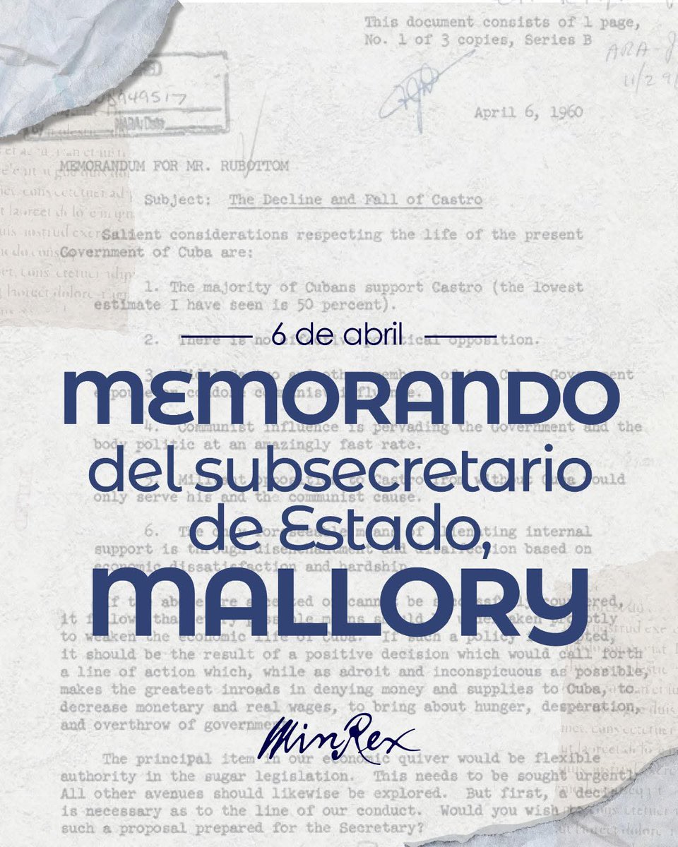 📍The Mallory Memorandum is irrefutable historical evidence of a policy designed to exert maximum pressure on the Cuban🇨🇺 people.

📍It exposes the criminal strategy of the U.S. government to achieve its goal of overthrowing the Cuban Revolution.
#TumbaElBloqueo