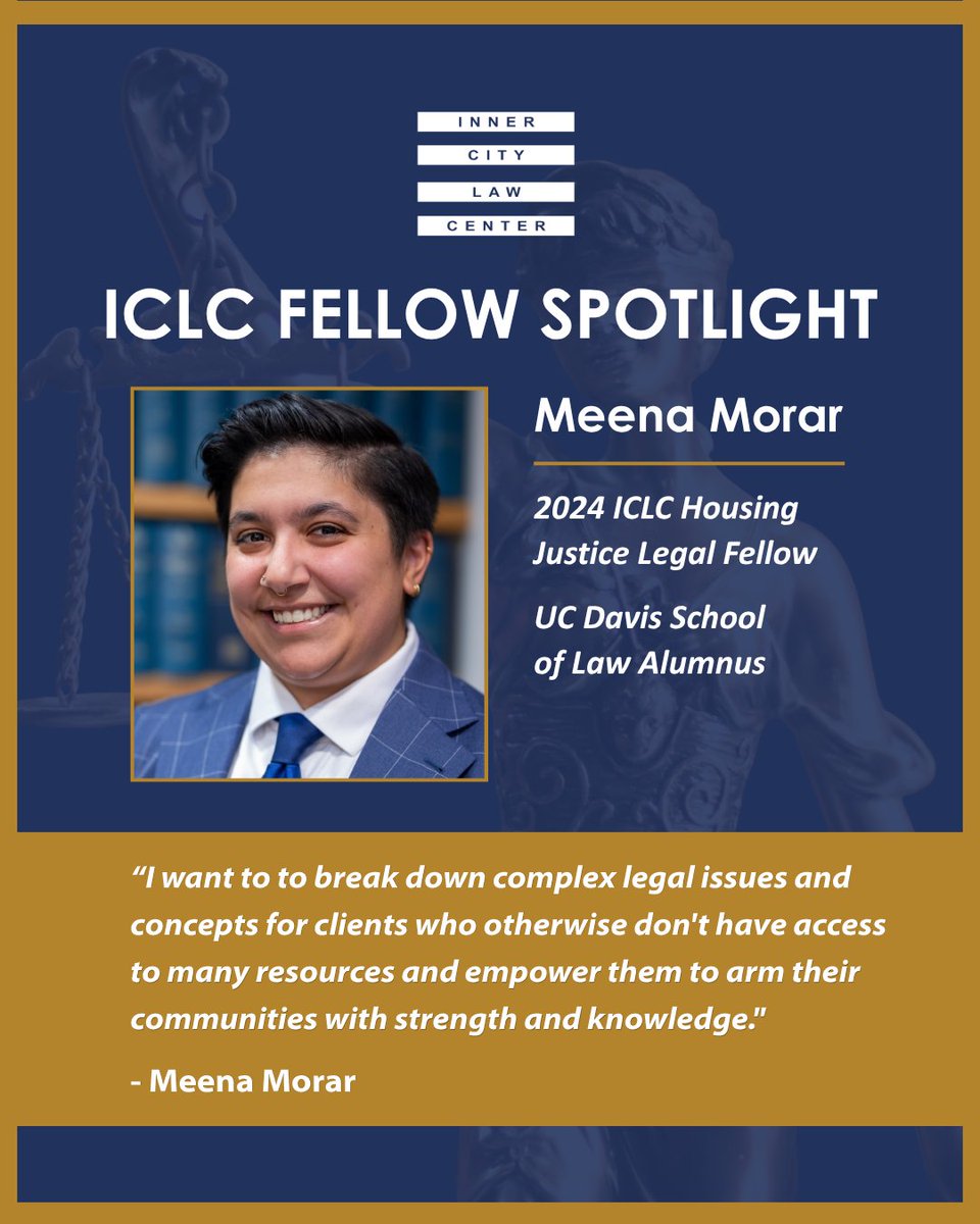 InnerCityLaw's tweet image. We’re proud to spotlight Inner City Law Center Housing Justice Legal Fellow @maybemeena!

Meena is part of our 2024 #LegalFellow cohort and comes to ICLC from the @UCDavisLaw. They serve on ICLC's DEIA Committee and recently stepped into the role of Interim Training Attorney.