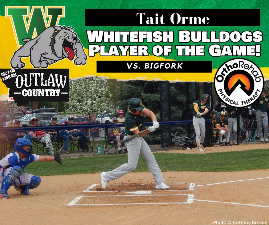 C_Havens22's tweet photo. For his performance against Bigfork, to open the season, Whitefish High School Baseball player, Tait Orme, earned the OrthoRehab Physical Therapy Player of the game! 
Orme pitched 4 innings in relief. Gave up 3 runs on 5 hits, K'd 9
At the Plate: 3-4, R #Whitefish #WHS #Bulldogs #WhitefishBulldogs #OneTownOnePound #mtsports