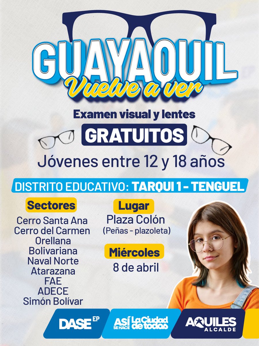 DASEAlcaldiaGye's tweet photo. 👓✨ ¡Guayaquil Vuelve a Ver llega al centro!
Jóvenes de 12 a 18 años podrán acceder a exámenes visuales gratuitos y lentes sin costo en Plaza Colón (Las Peñas), este 8 de abril.
▶️ Inscríbete aquí:

https://t.co/4FEW0Sx0oi

@taticoronelf 
@alcaldiagye 

#AsíSeHaceGuayaquil https://t.co/W5Xv2s8ahL