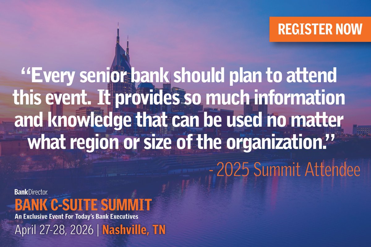 BankDirector's tweet image. The #Bank C-Suite Summit is only a few weeks away! Join your peers in #Nashville, TN for exclusive #discussions you won't want to miss &amp;amp; an #experience you won't forget. 

Register today at the link below!
bankdirector.com/event/bank-c-s… #csuite26 #events