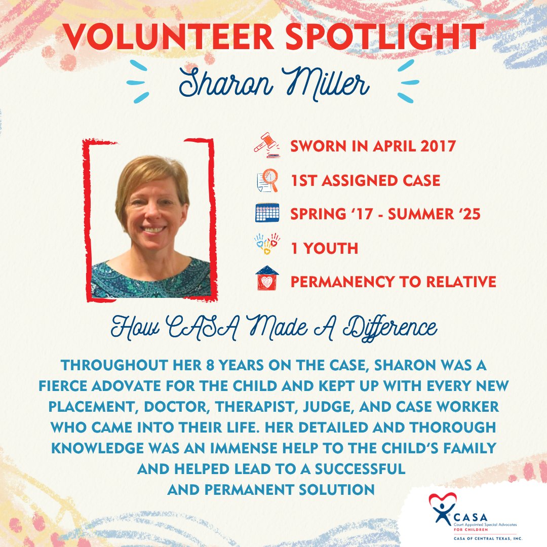 CASACenTex's tweet image. Shining a light on our incredible CASA volunteers! Thanks for being #TheCASADifference, Sharon! Over 8 years, Sharon’s deep knowledge of the child's journey was the driving force behind achieving a successful, permanent outcome.

#BecomeACASA or donate! casacentex.org