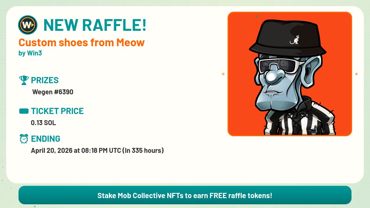 Win3Raffs's tweet photo. 🎟️🔥 NEW RAFFLE ALERT! 🔥🎟️

🏆 Custom shoes from Meow 

ℹ️ 

The WINNER will be entering to win a Wegen NFT that is attached to winning the custom shoe! 

Only stipulation on the custom pfp is...

🔗 Buy Your Tickets: https://t.co/WeRssO7x67 https://t.co/a2sEk6A8vl