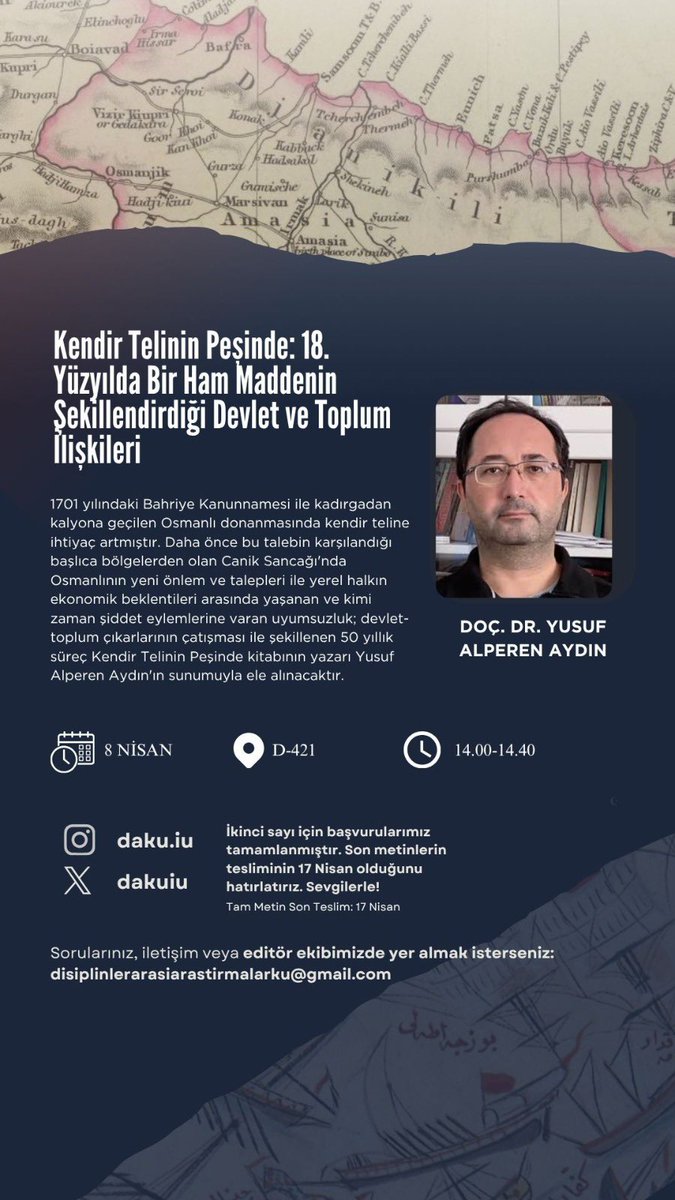 Doç. Dr. Yusuf Alperen Aydın, "Kendir Telinin Peşinde: 18. Yüzyılda Bir Ham Maddenin Şekillendirdiği Devlet ve Toplum İlişkileri" başlıklı sunumunda, devletin yeni talepleri ile yerel halkın beklentileri arasındaki çatışma zeminini ele alacaktır.