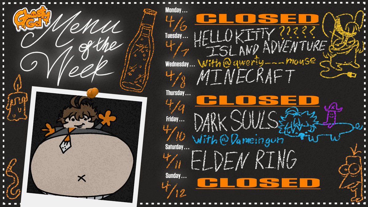 🍽️THIS WEEK'S MENU🍽️
April 6-April 12

Double Feature this week! Tomorrow I play Hello Kitty Island Adventure with <a href="/qwerty___mouse/">qwerty 🐁🖱️ ⊹˚₊𓏲 || PNGTUBER</a> because??? and then Ill be dragging <a href="/dameingon/">Damien 🏳️‍⚧️</a> into Dark Souls again!!! Come hang out Id love to see you there!