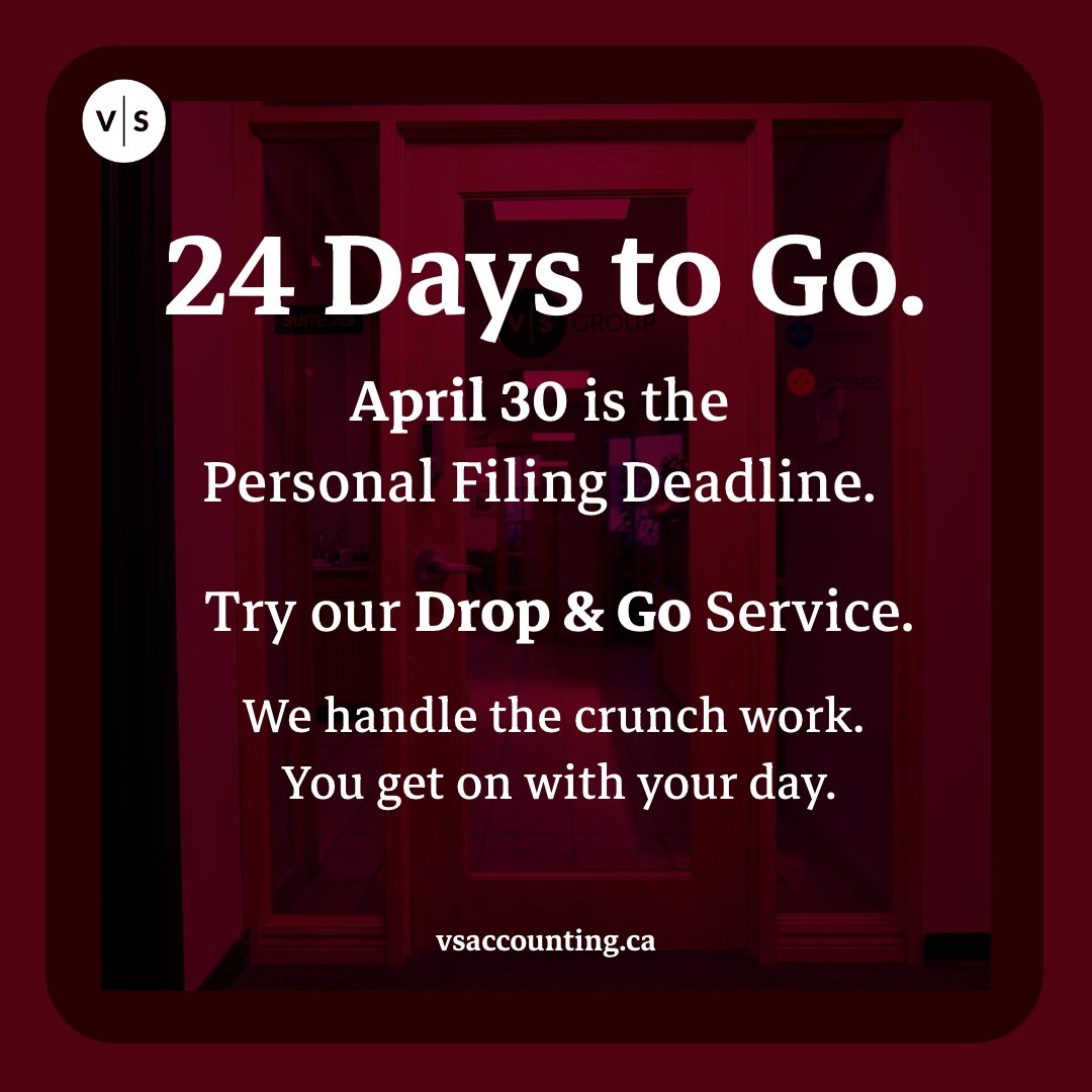 VS_Accounting's tweet photo. 24 days to go! ⏳ April 30 is the personal tax filing deadline. Skip the appointment and use our "Drop &amp; Go" service in North Bay or New Liskeard. We handle the crunch work for you. ✅ https://t.co/AQxDprMyII #TaxSeason #NorthBay #NewLiskeard https://t.co/qb5YtpAURX